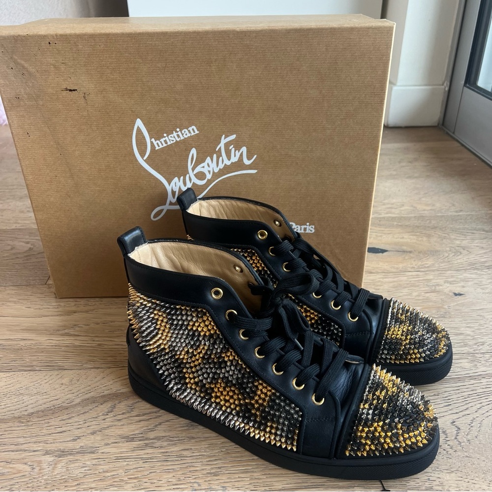 Christian Louboutin Black Leather Leopard Print Louis Spikes High-Top Sneakers